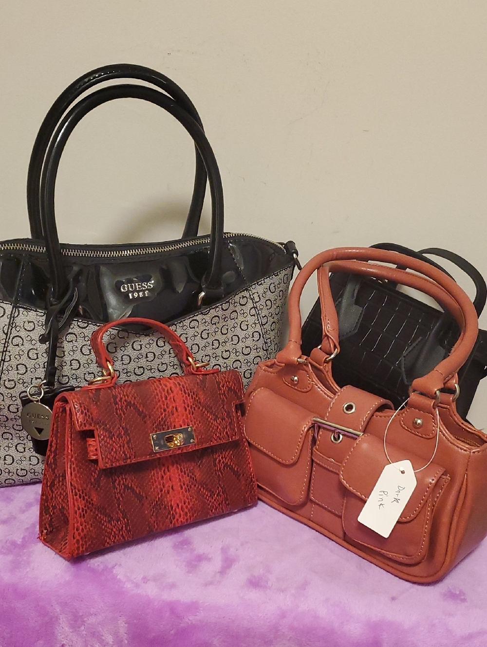 Guess + Pink Color Bag + Red and Black Little Bag  +  Black Bag Bundle  4 Bags.